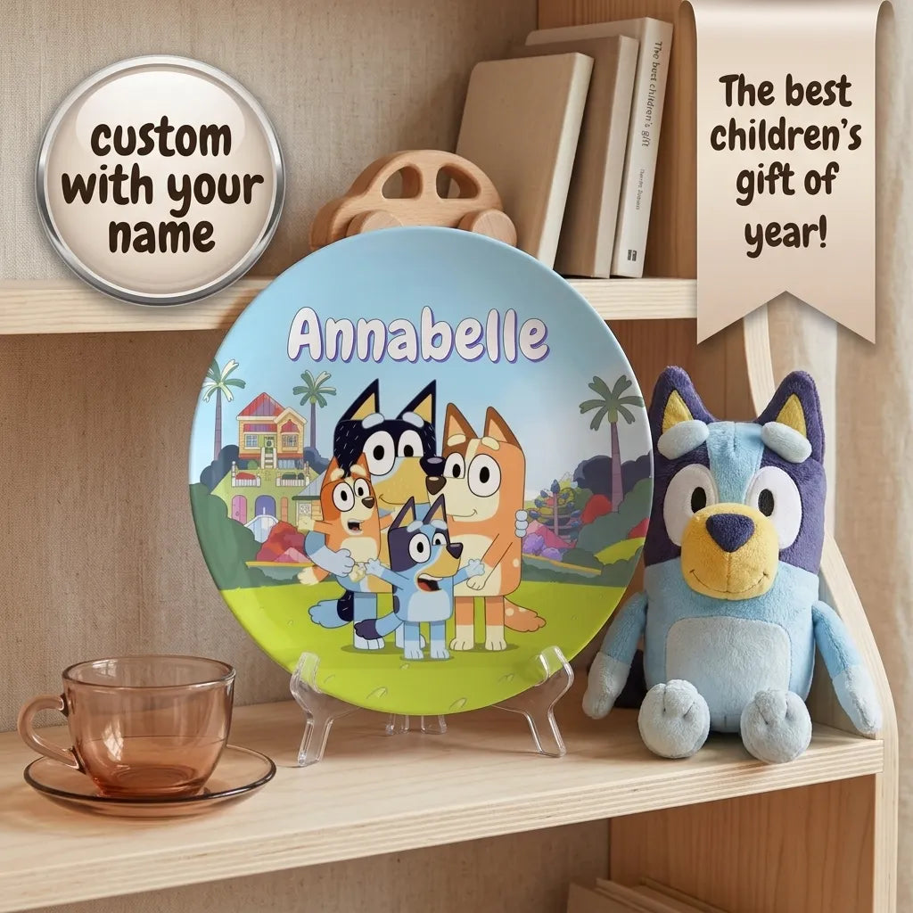 Personalized Bluey Plate for Kids – Custom Name children's plate with Bluey dog