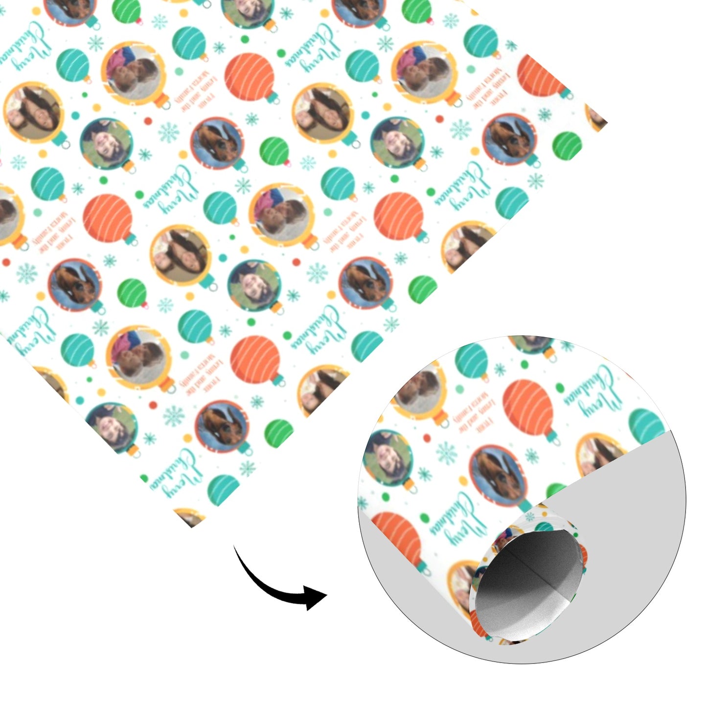 Gift wrapping rolls with holiday themed wrapping paper featuring photos of your family and christmas themed design