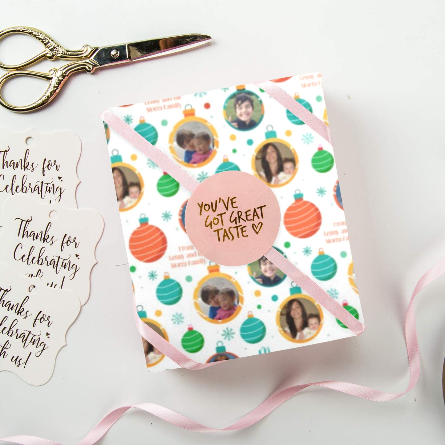 custom photo Gift wrap with holiday themed wrapping paper with photos of your family and christmas themed design