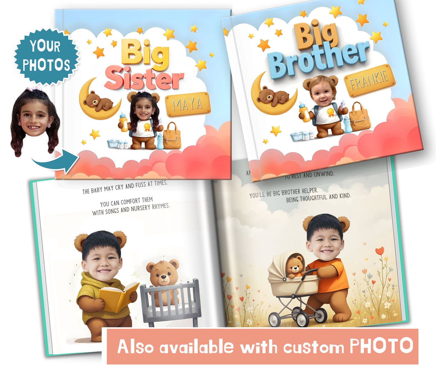 personalized big sibling story book custom made with name, personalized big sister name book for new baby brother or sister
