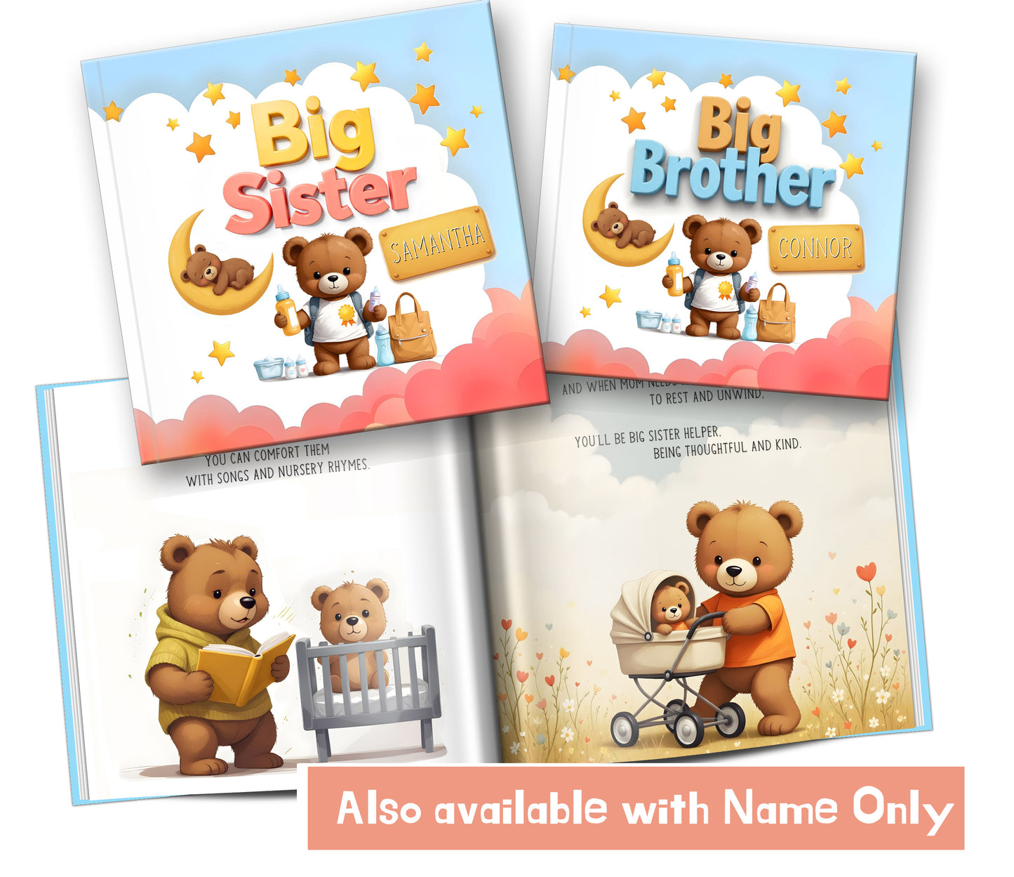 personalized story book for big brothers or big sister, custom siblings book with photo & name, big sibling book with personalized name