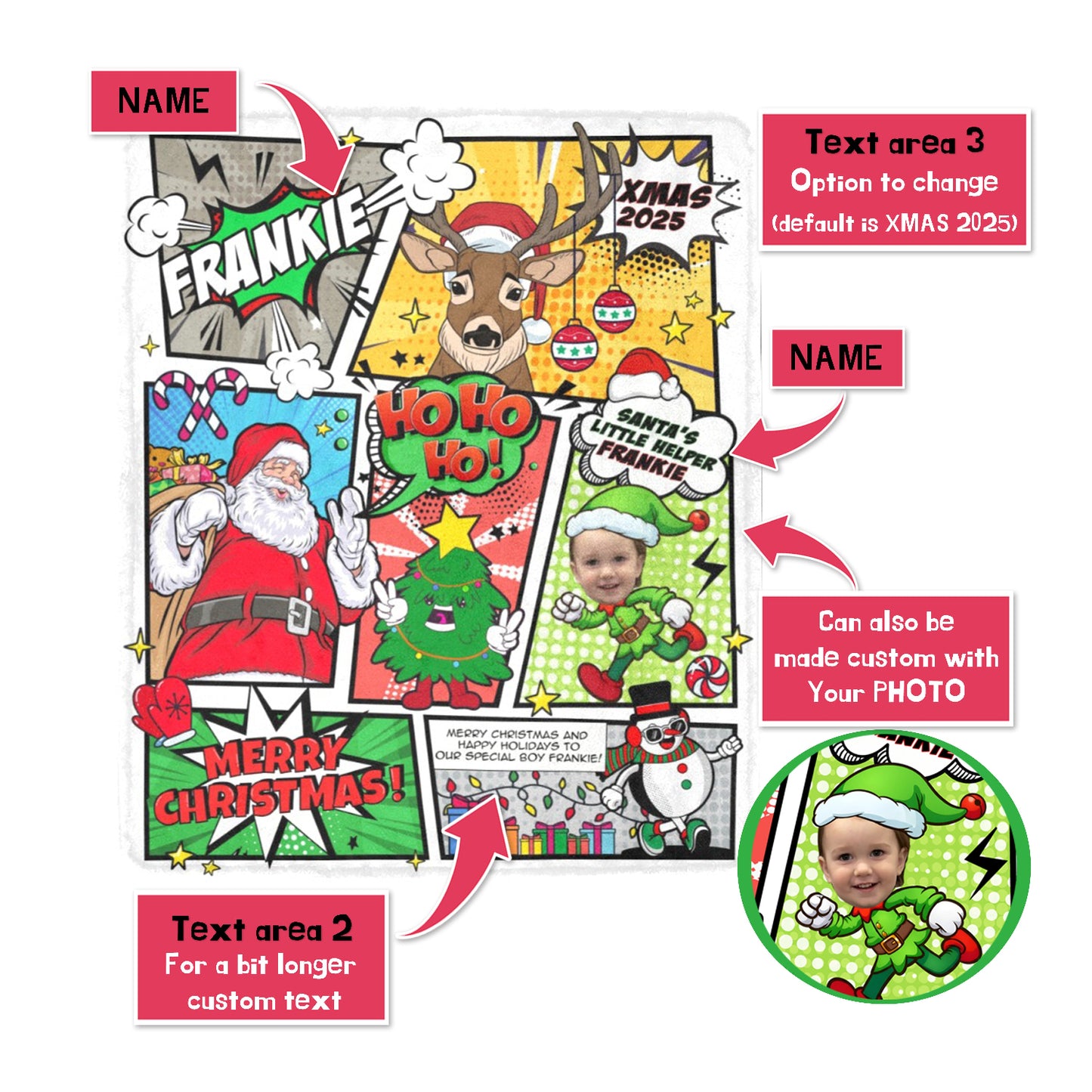 Christmas-themed customizable blanket with photo and name