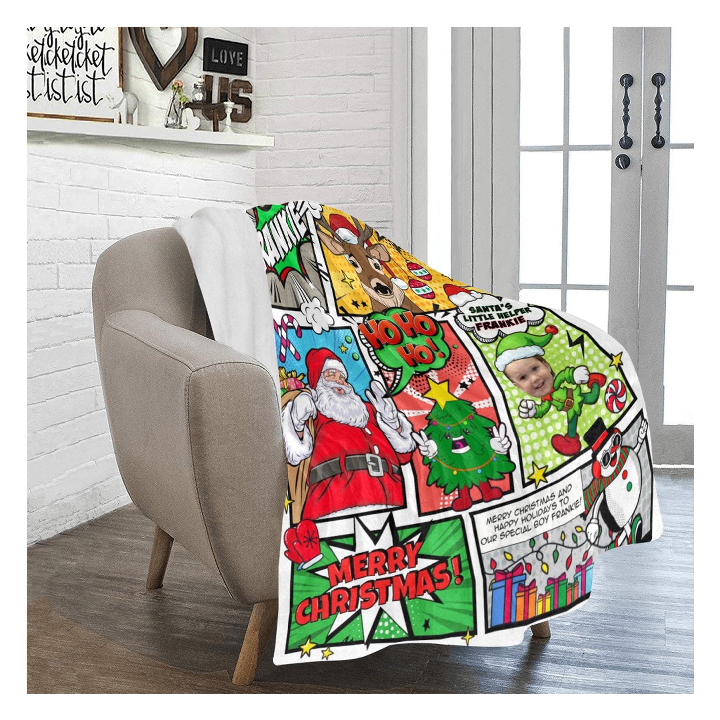 Personalized Christmas Comic Blanket – Custom Name & Photo Blanket for Kids