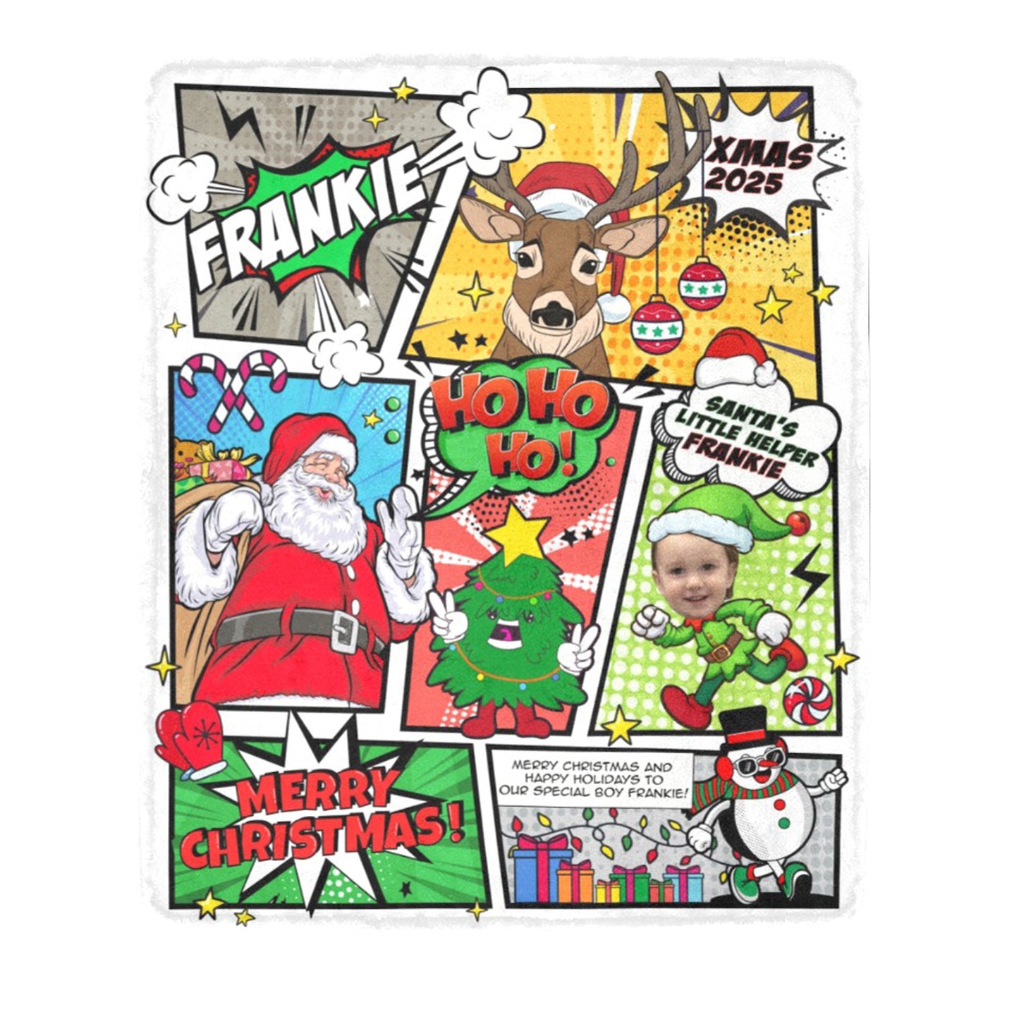 Christmas-themed photo blanket with Santa Claus, reindeer, and other holiday characters.