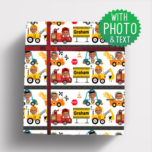 personalized trucks and cars photo gift wrap for boys