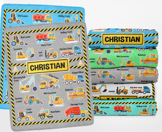 personalized trucks and tractors blanket child name construction, themed fleece throw