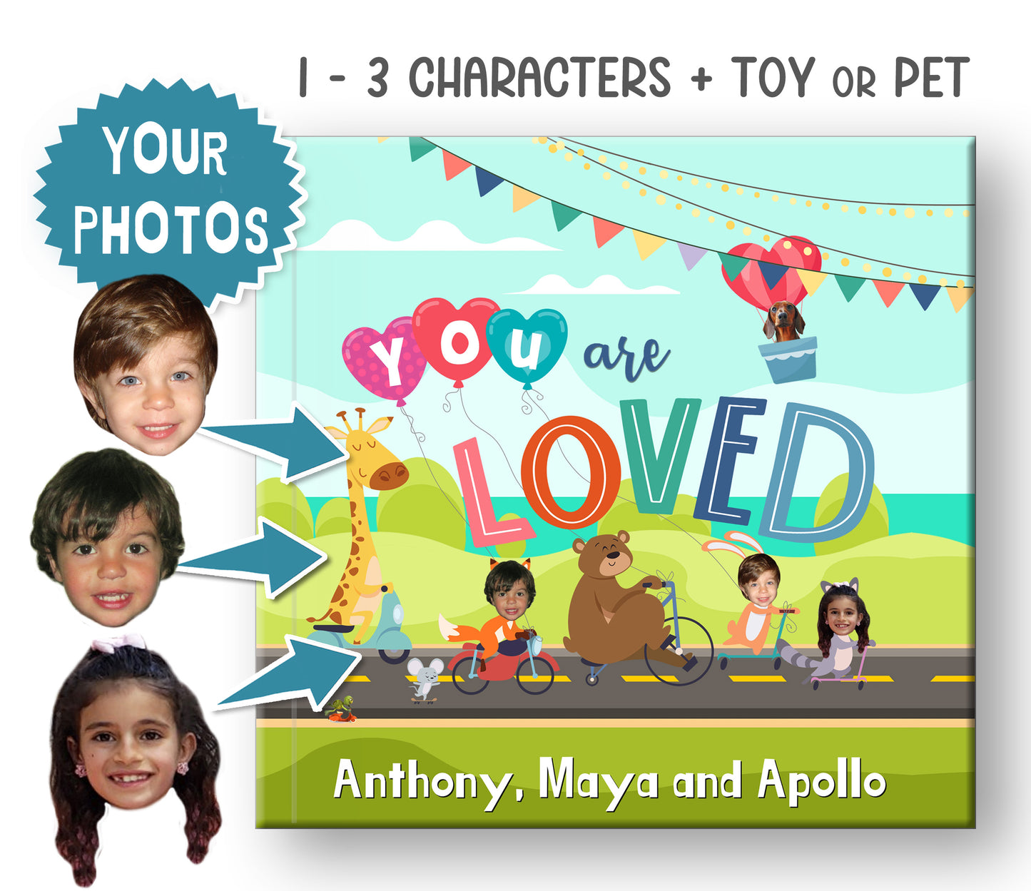 Personalized Book for up to 3 Kids, add a pet or stuffed toy!
