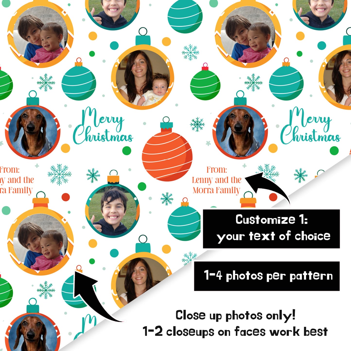 Christmas-themed wrapping paper with decorative ornaments and family photos.