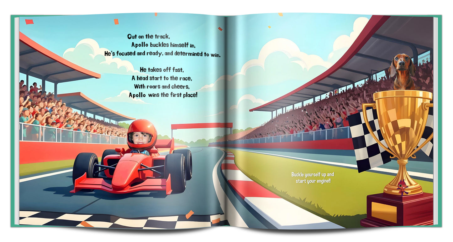 personalized cars book with photo and name, lots of cars and trucks