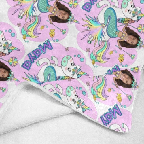 Pink Mermaid Unicorn Princess Kids Blanket Personalized with photo and name