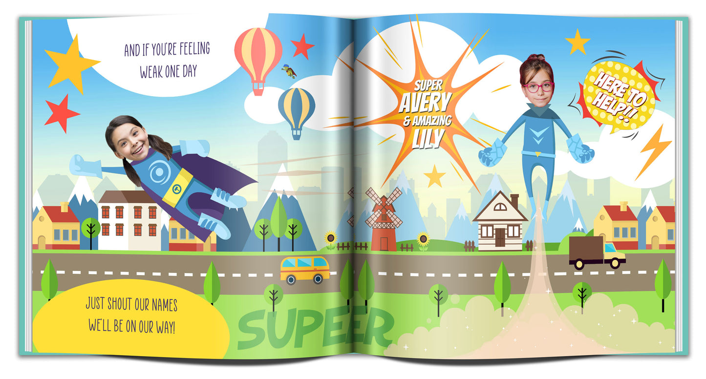 personalized book with multiple photos and names, personalized book for best friends, superhero book