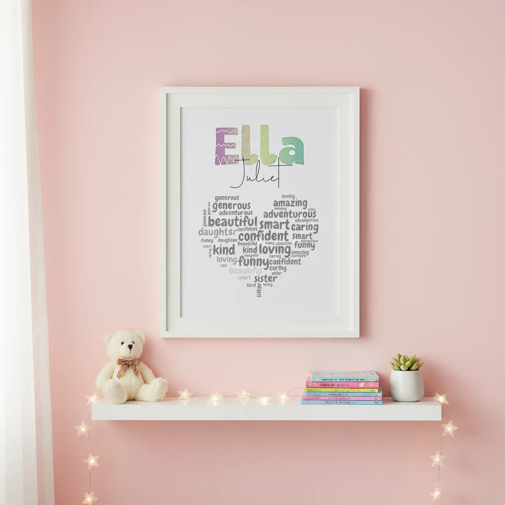Personalized I AM Kids Name Art. Featuring your child’s name beautifully displayed above a heart-shaped word cloud filled with positive affirmations