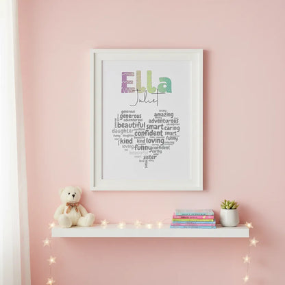 Personalized I AM Kids Name Art. Featuring your child’s name beautifully displayed above a heart-shaped word cloud filled with positive affirmations