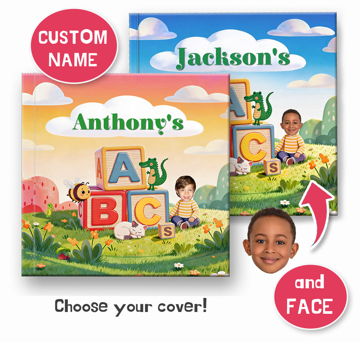 personalized children's book abc book with photos of children custom names, custom book cover