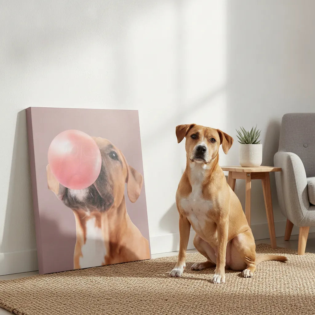 Custom pet portrait canvas with colourful bubble gum design