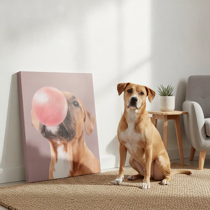 Custom pet portrait canvas with colourful bubble gum design