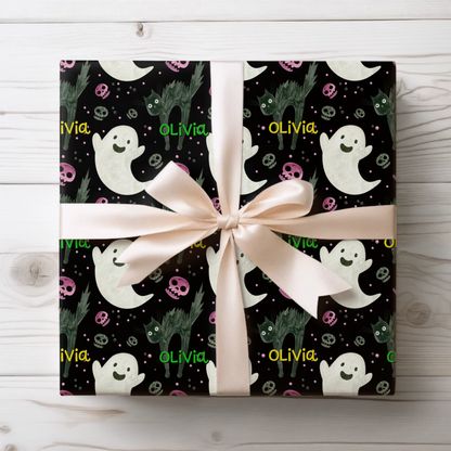 Custom name gift wrap paper for Halloween presents and October birthday gifts