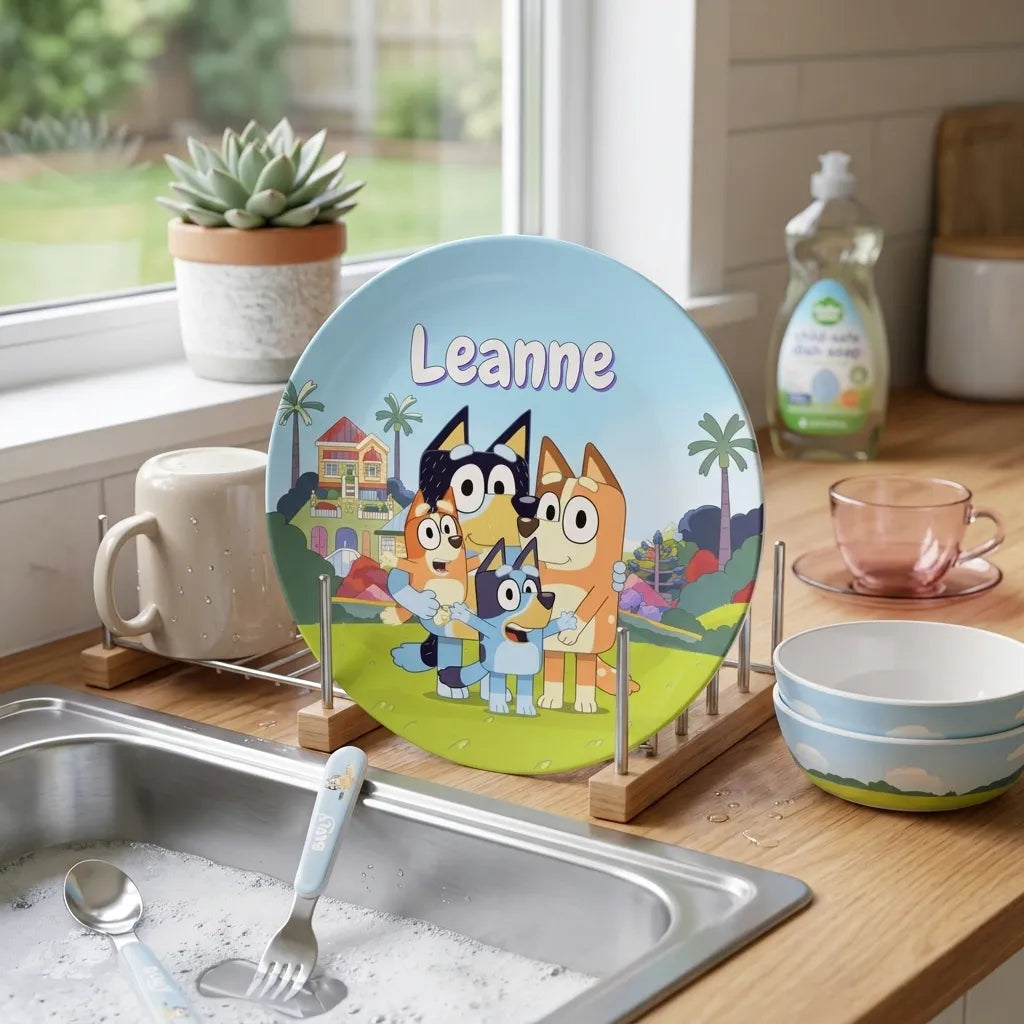 Personalized childrens Bluey plate with child's name and custom design