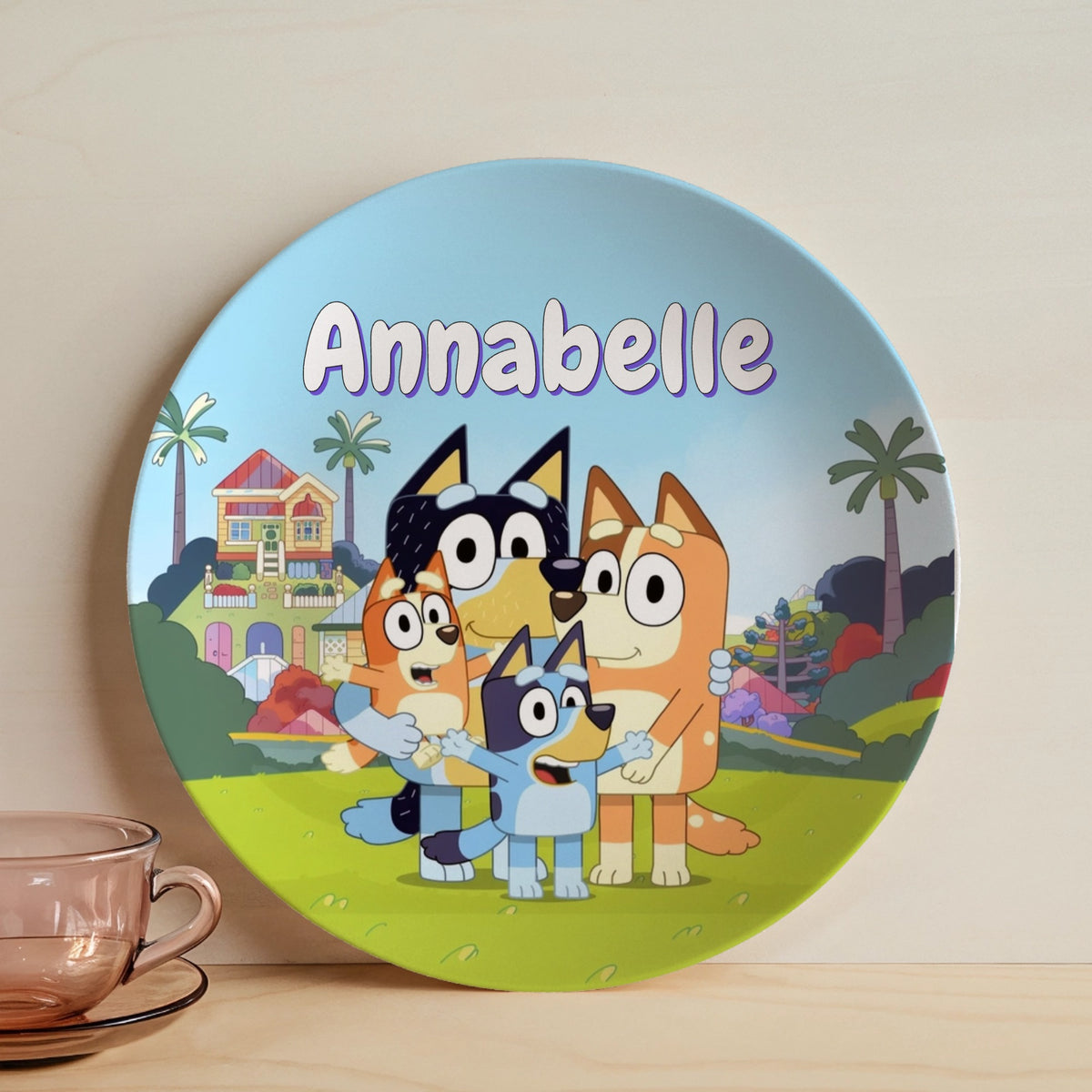 Personalized Bluey plate with kid name and Bluey designs you can live preview