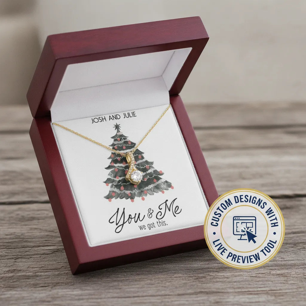 Personalized diamond-style pendant necklace with custom Christmas card
