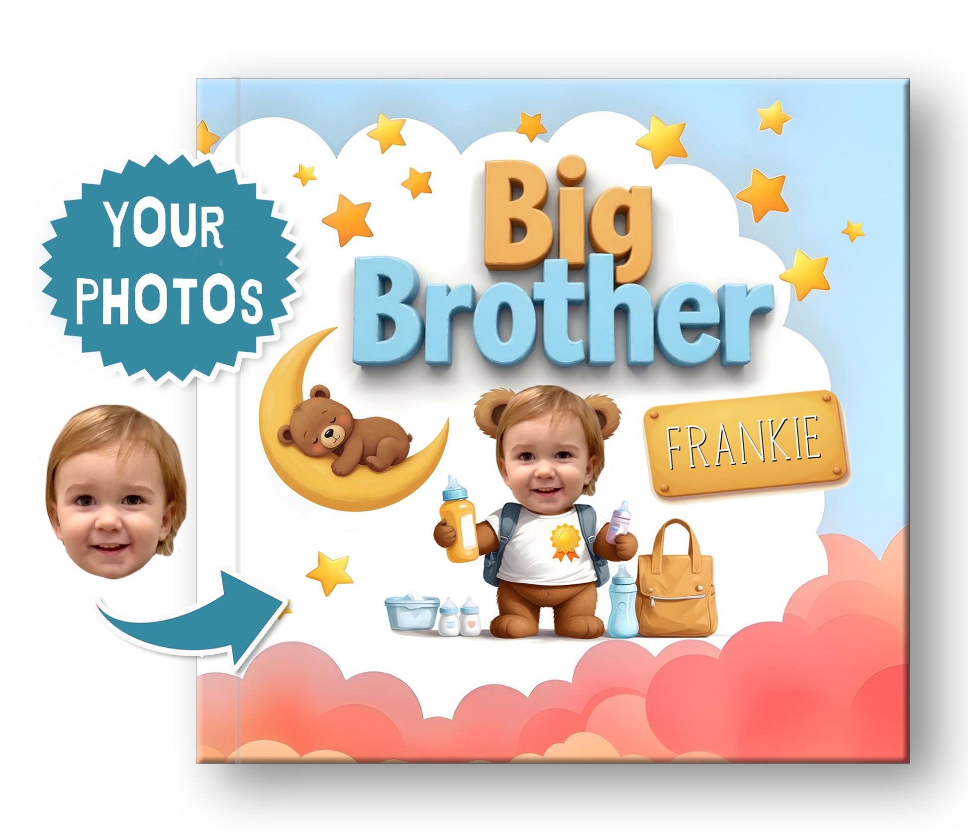 personalized photo story book for big brothers, custom siblings book with photo & name