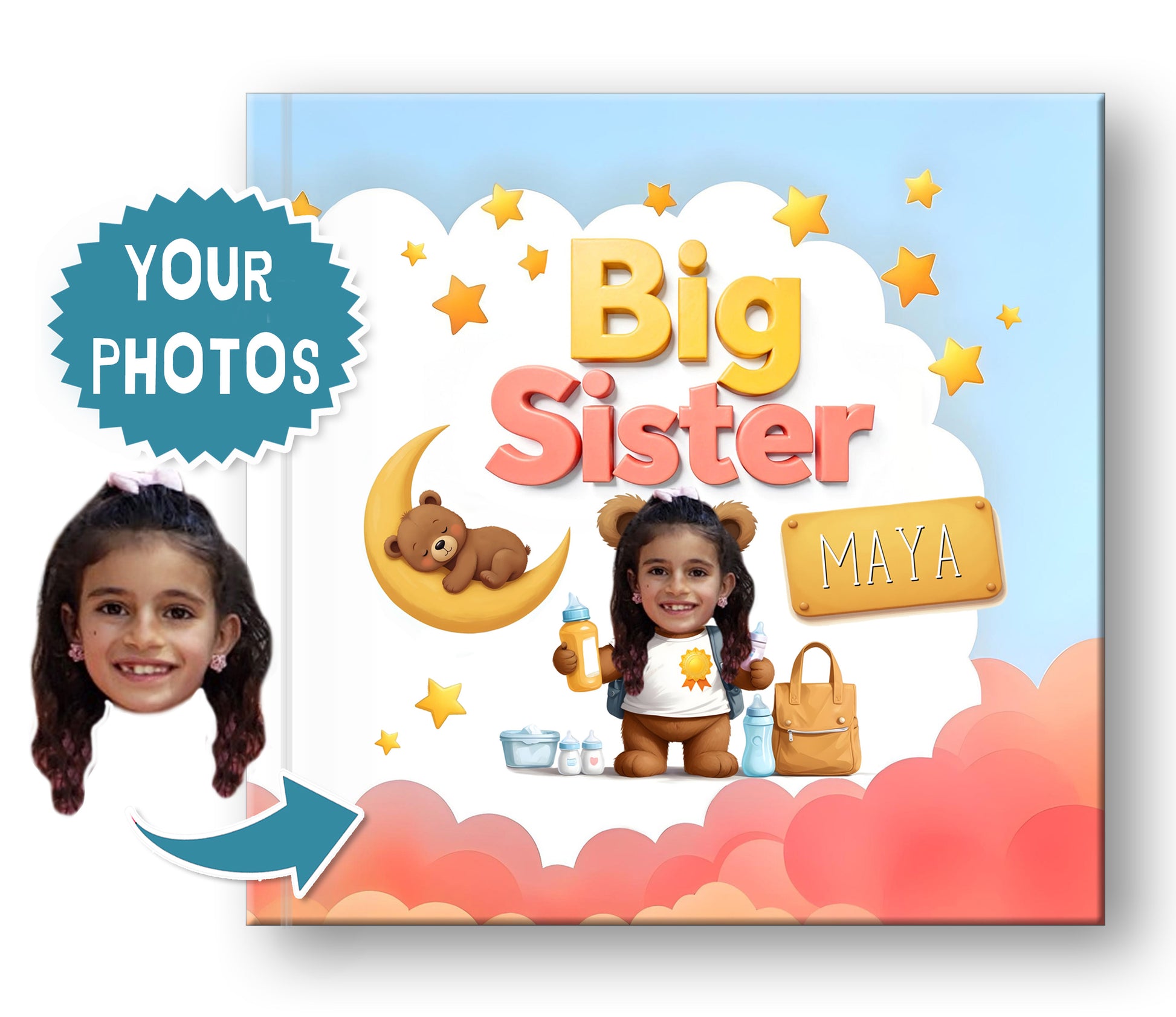 personalized photo book for big sister, custom siblings book with photo & name