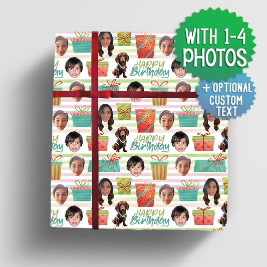 custom wrapping paper with your faces and photos, custom pet gift wrap