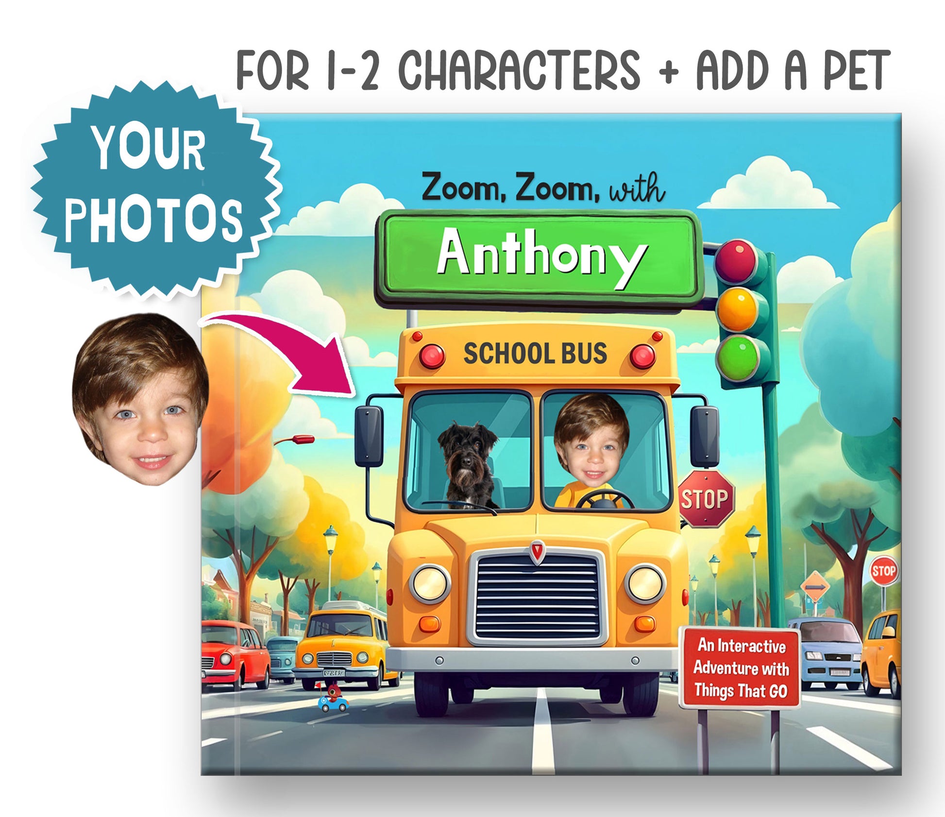 Children's book with photo and name school bus cover