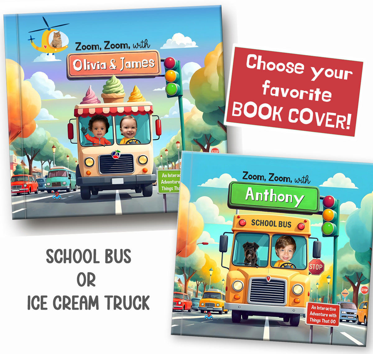 choose your cover, personalized book with ice cream truck or school bus