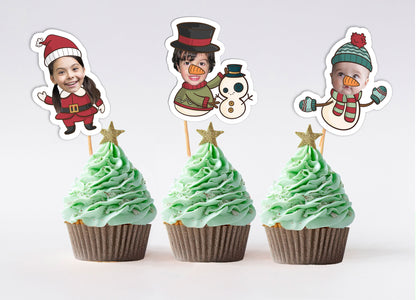Printable Christmas cupcake topper sheet with personalized photo designs for holiday crafts