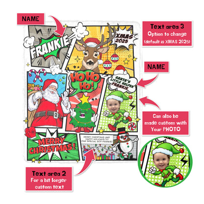 Christmas-themed customizable blanket with photo and name
