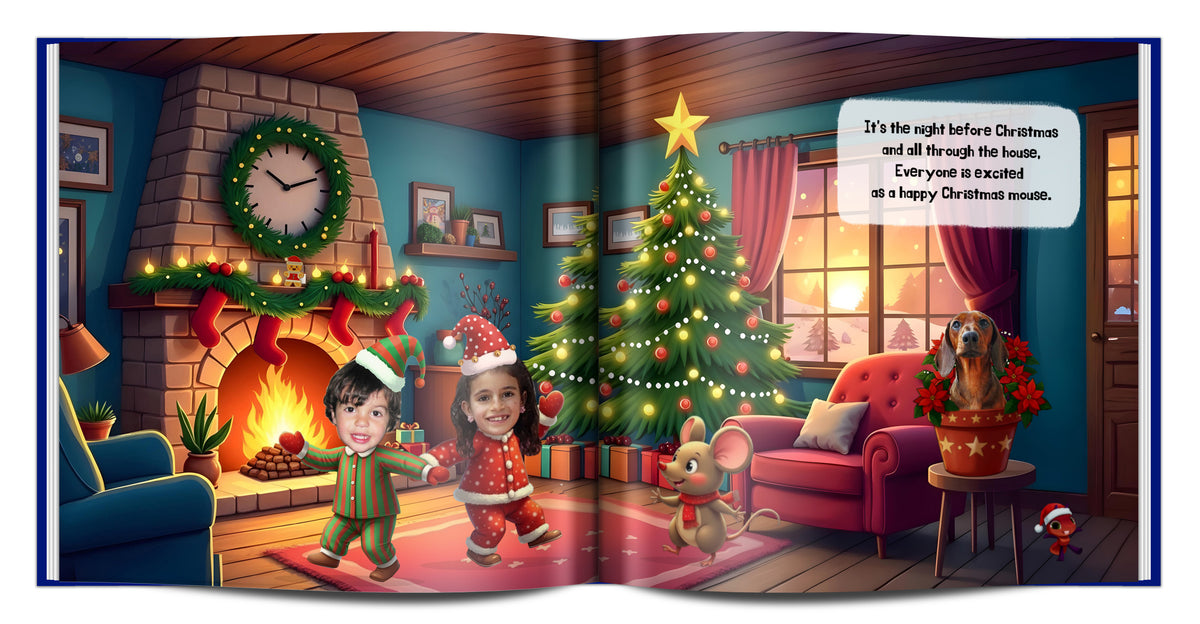 Custom family Christmas storybook featuring personalized people and a beloved dog or cat in festive holiday scenes