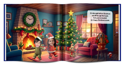 Custom family Christmas storybook featuring personalized people and a beloved dog or cat in festive holiday scenes