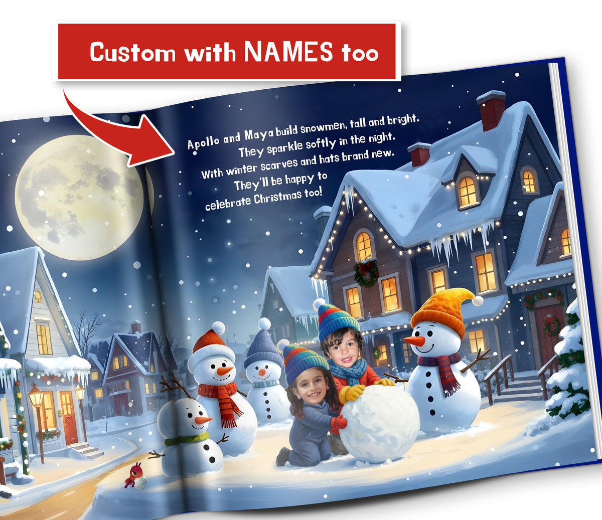 Personalized Christmas photo book featuring children's faces, family names and a beloved pet in a magical holiday story