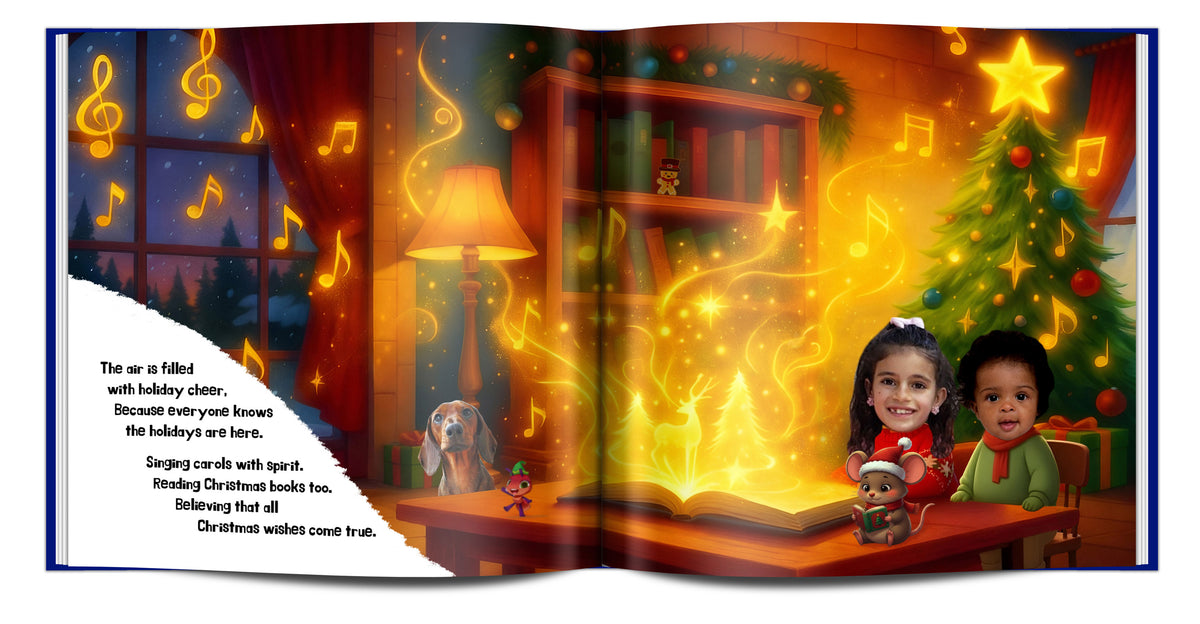 Meaningful personalized Christmas storybook gift for grandchildren featuring their faces, names and a family pet