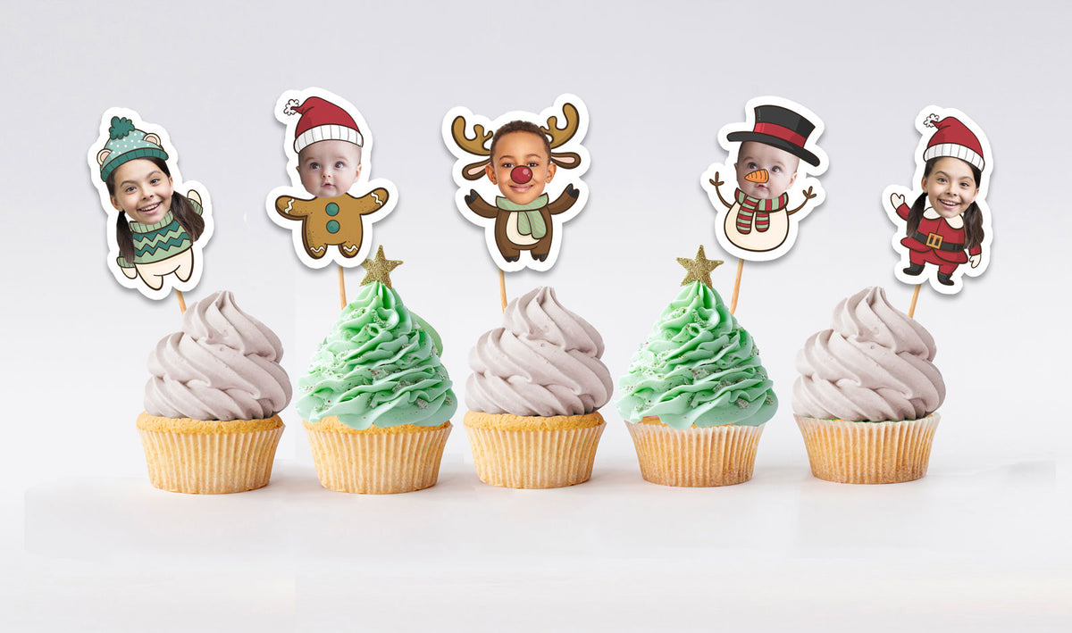 Printable Christmas cupcake toppers featuring child's photo for DIY holiday decorations