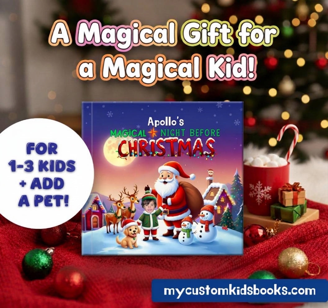 family christmas book with photos and names of multiple kids and pet