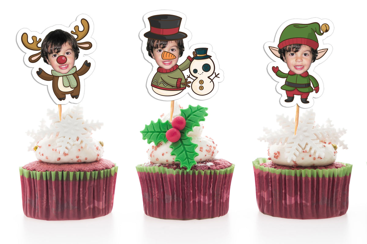 Personalized Christmas cupcake decorations featuring child's face for holiday celebrations
