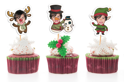 Personalized Christmas cupcake decorations featuring child's face for holiday celebrations