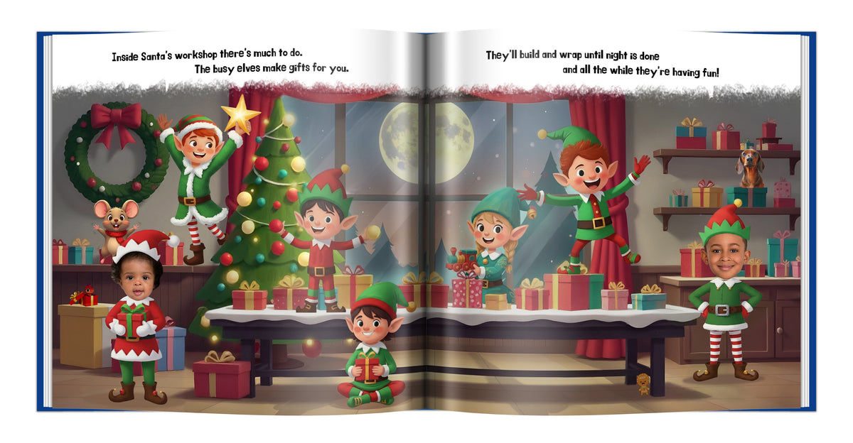 Personalized Christmas book for three children or family members with custom photo faces, names and holiday illustrations