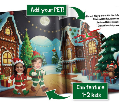Personalized Christmas photo book featuring children's faces, family names and a beloved pet in a magical holiday story