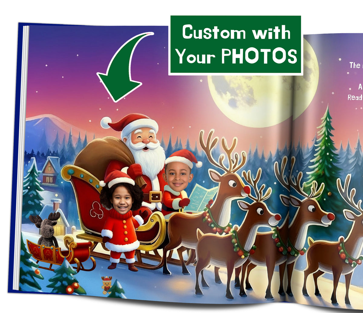 Custom Christmas storybook personalized with three family members' faces and names for a unique family Christmas gift