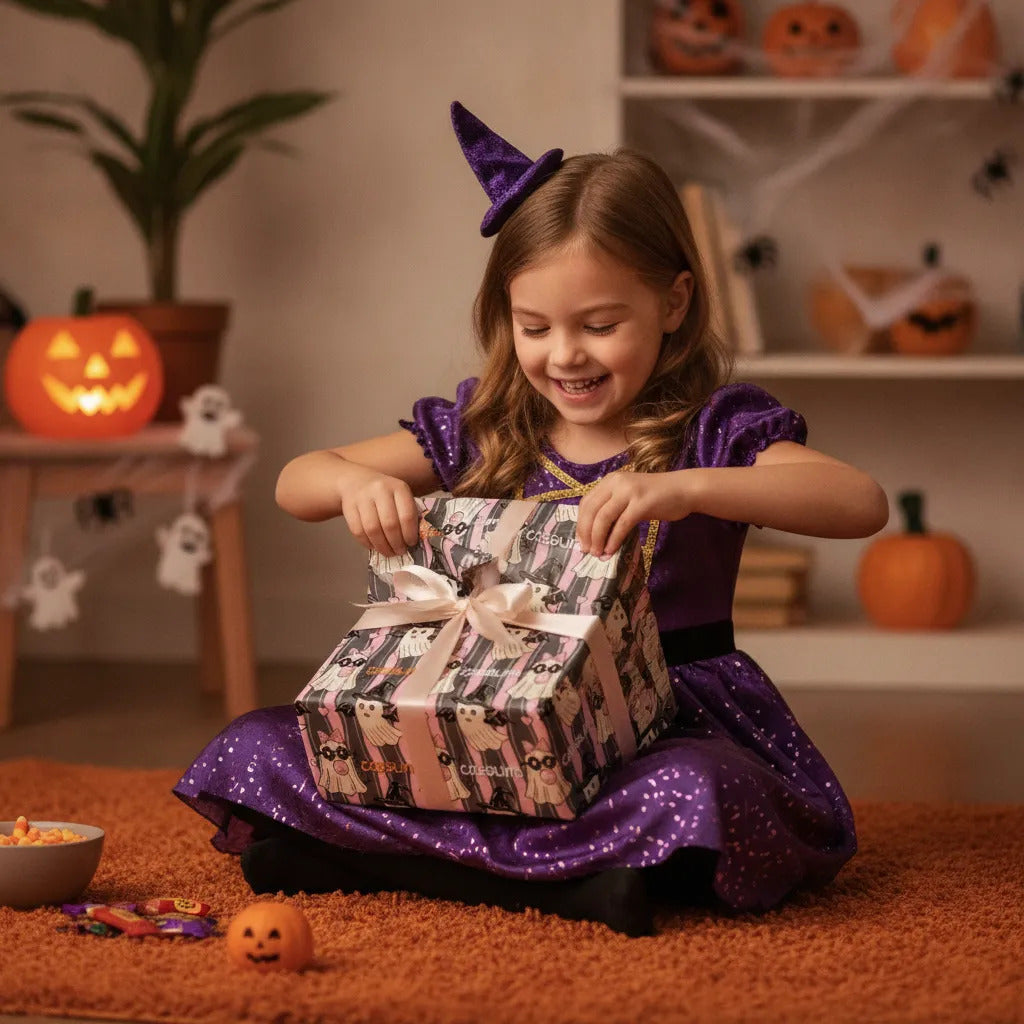 Custom Halloween gift wrapping paper personalized with recipient name