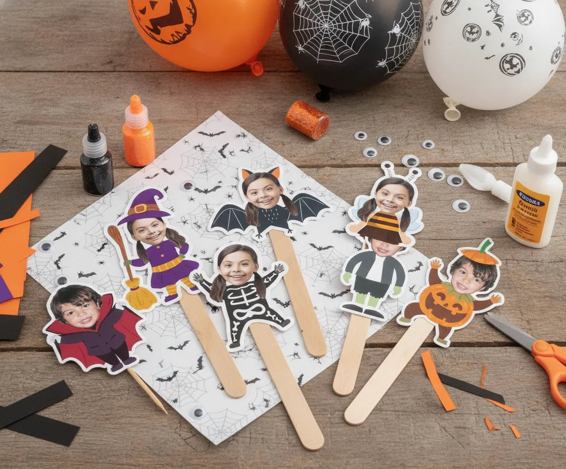 Printable Halloween custom photo crafts sheet with personalized photo designs for DIY party decorations