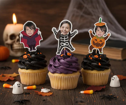 Custom Halloween cupcake toppers featuring child's face for personalized Halloween party decorations