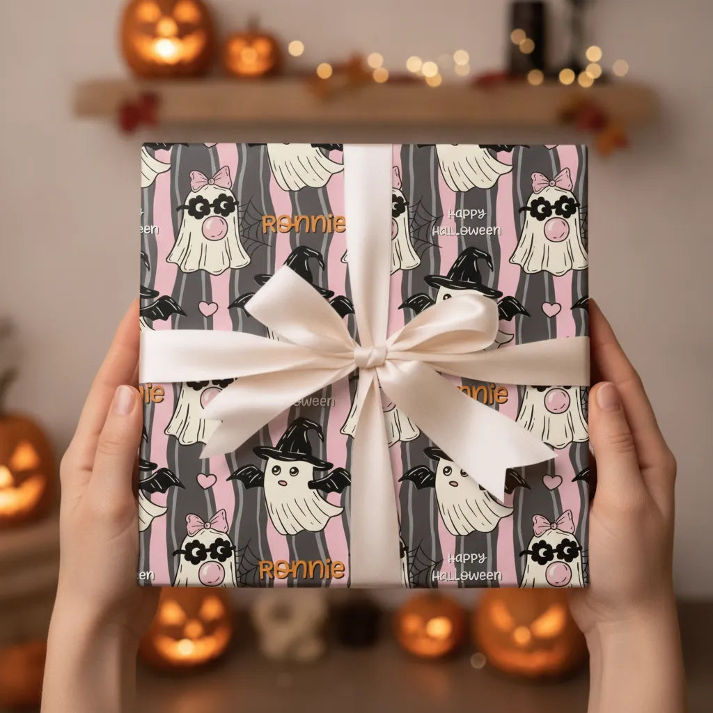 Custom name Halloween gift wrap paper for kids and Halloween presents