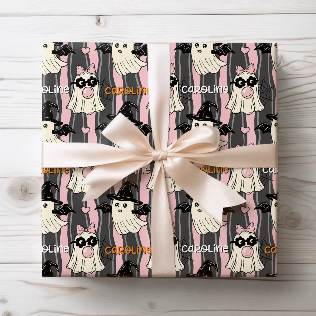 Personalized Halloween wrapping paper with custom name and spooky Halloween design
