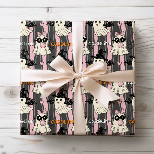 Personalized Halloween wrapping paper with custom name and spooky Halloween design