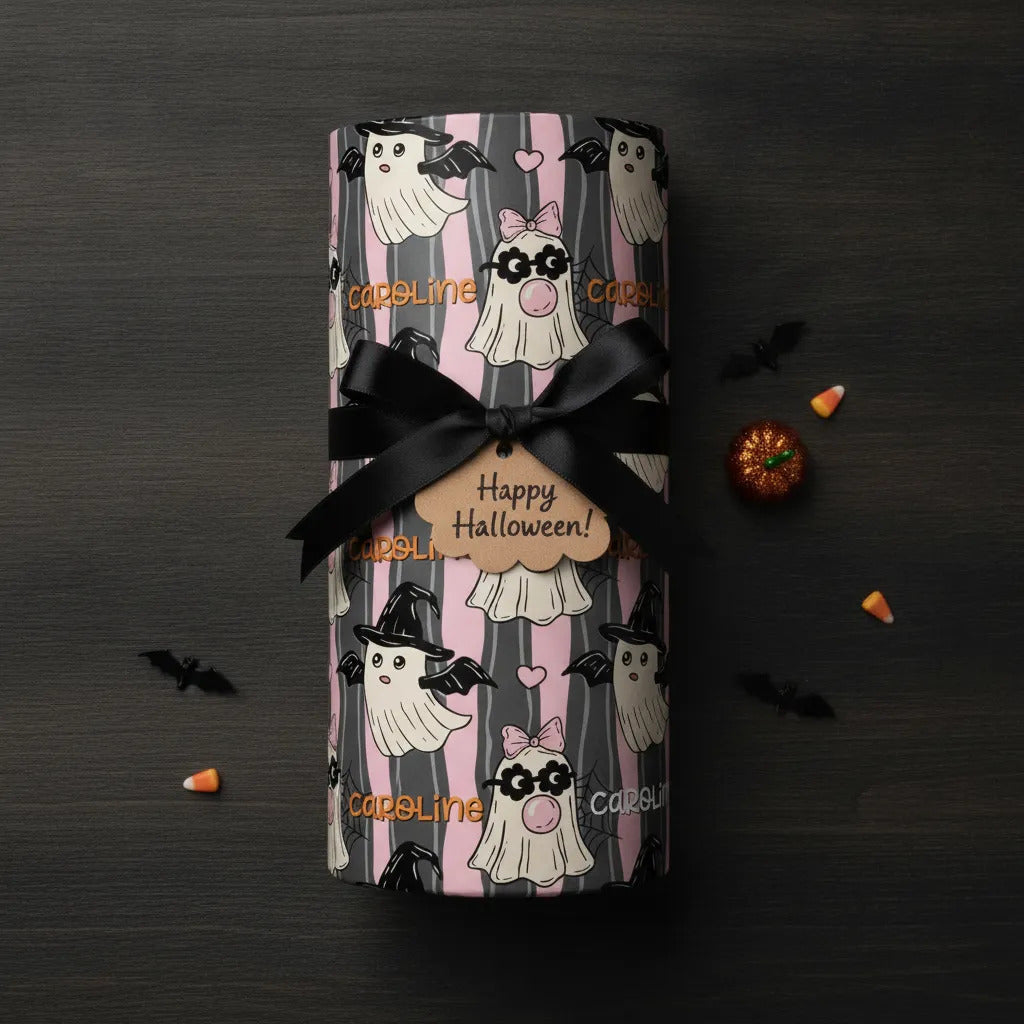 Halloween wrapping paper with personalized name for children’s Halloween gifts