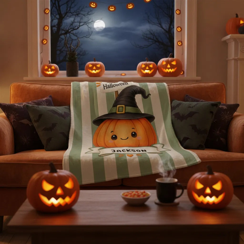 Halloween-themed throw blanket pumpkin witch personalized with name